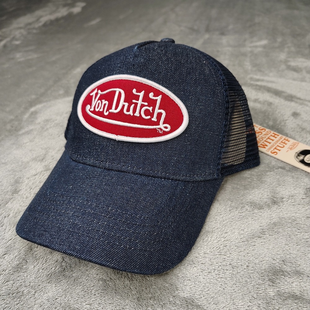 Von‎ Dutch Denim Trucker Snapback Hat Blue Adjustable Mesh Back Cap NWT